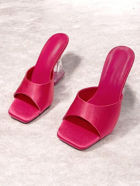 Open-Toe Block Mules with Transparent Satin Green for Heels FashionChic