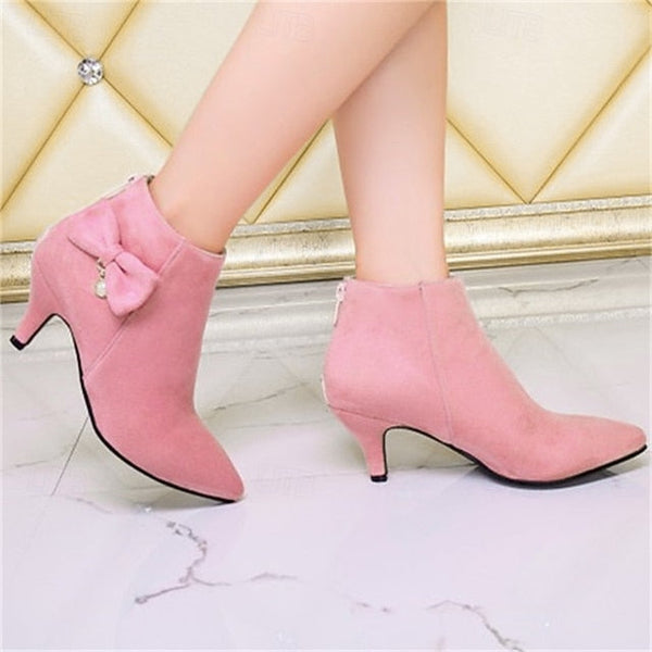 Pink Boots Women's Bow Pearl Charm Suede with and Ankle FashionChic