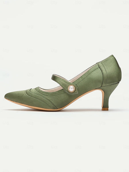 Heels Jane Satin Green Button Pearl - with Elegant Mary FashionChic