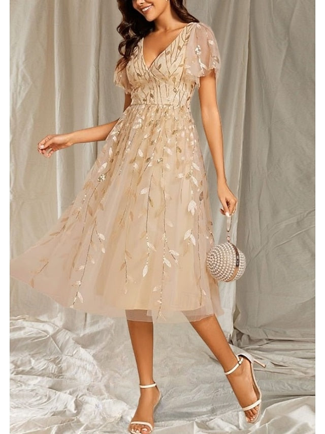 Guest Mother V Bride the Neck A-Line Wedding Dress Elegant of FashionChic