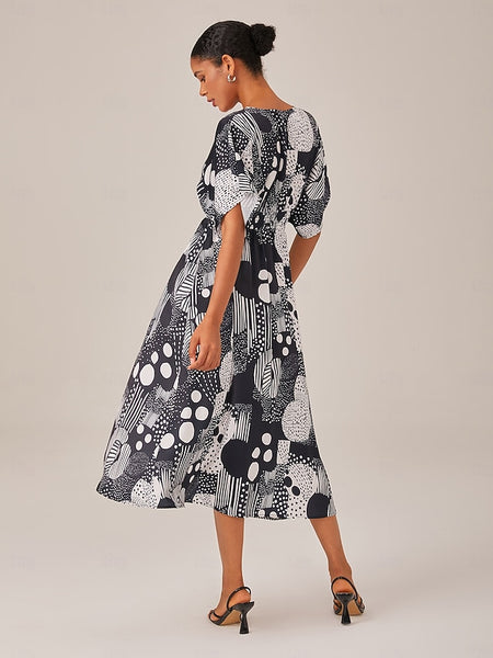 Women's Midi Dress Chiffon Black-white Short Sleeves