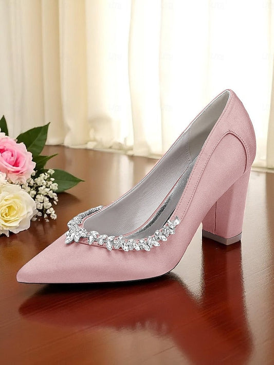 Satin Block Heel Wedding Pink Pumps Women's FashionChic