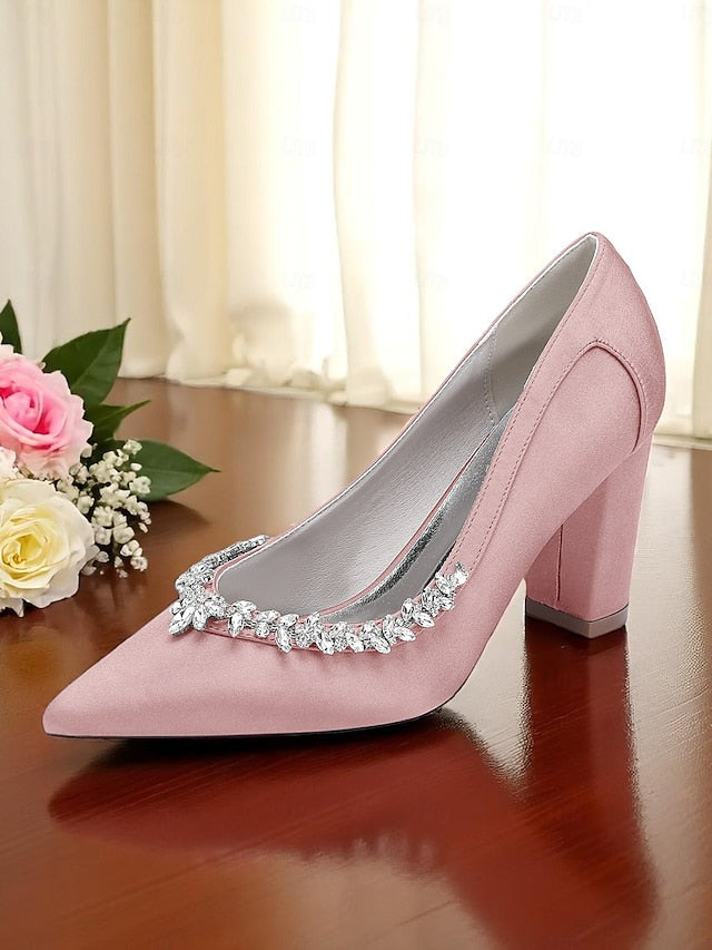 Satin Block Heel Wedding Pink Pumps Women's FashionChic