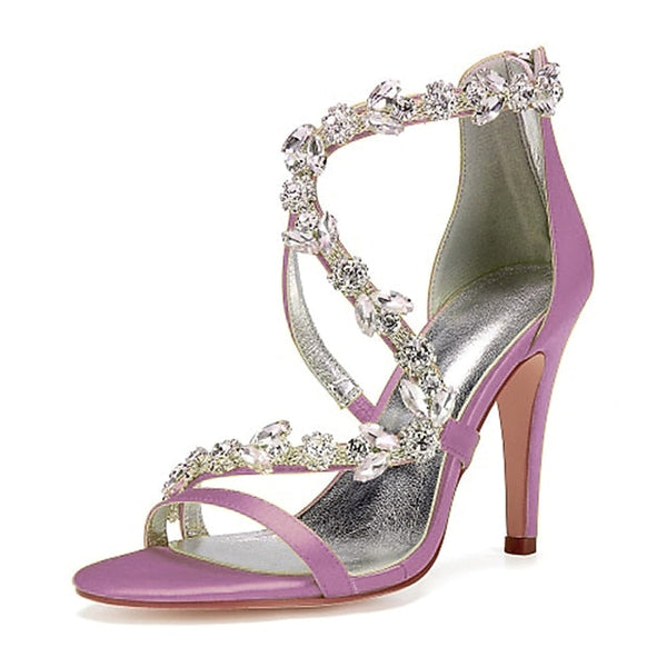 Pink Rhinestone Women's Heel Satin Floral High Sandals with FashionChic