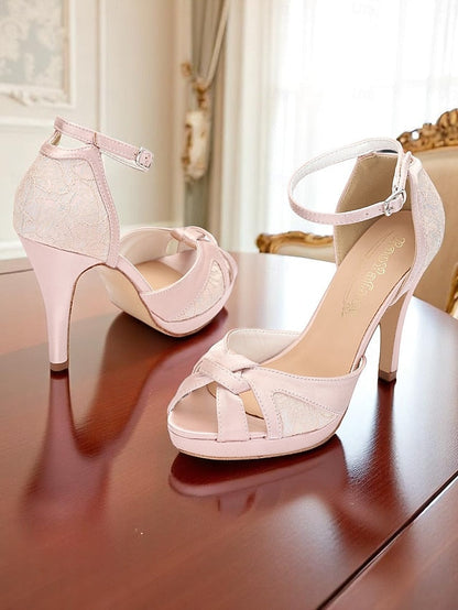 Satin Toe Pink Peep Heel Sandals Women's Elegant with High FashionChic