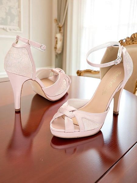 Satin Toe Pink Peep Heel Sandals Women's Elegant with High FashionChic