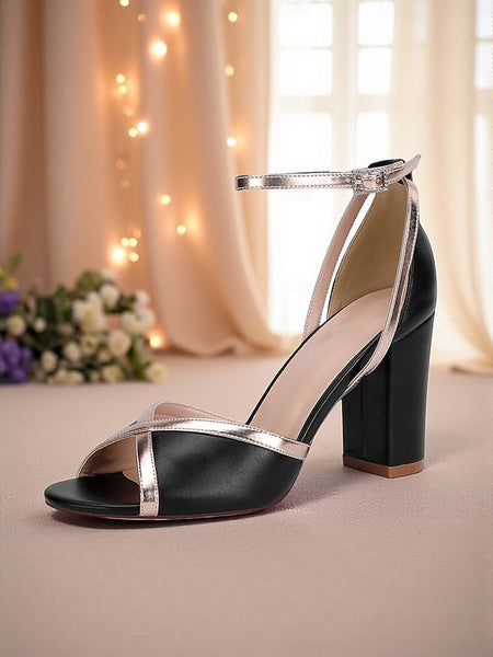 Metallic Sandals with Women's Ankle Heel White Strap Block FashionChic