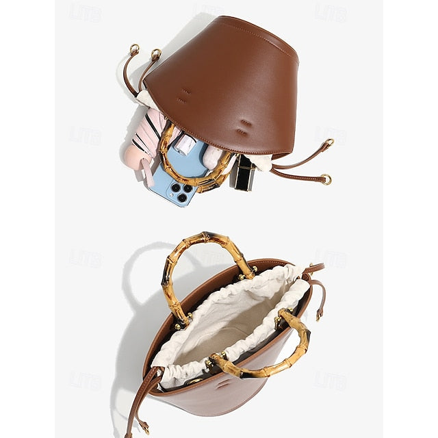 Brown Bamboo Leather Bucket Bag Handle with Women's FashionChic