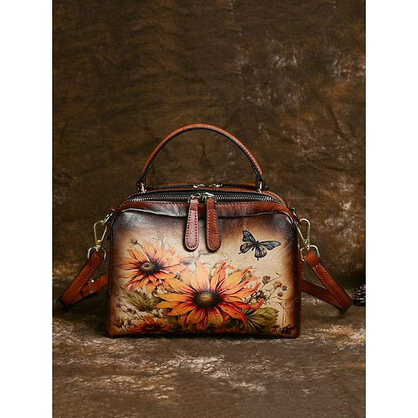 – Sunflower Print Vintage with Handbag Leather and Butterfly FashionChic