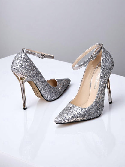 Women's Sparkly – Gold Heels Pointed Toe Stiletto Glitter FashionChic