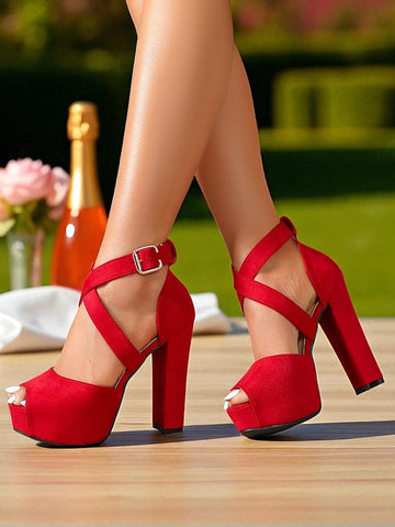 Red Toe Suede Sandals Peep Strap Platform Cross Women's - FashionChic