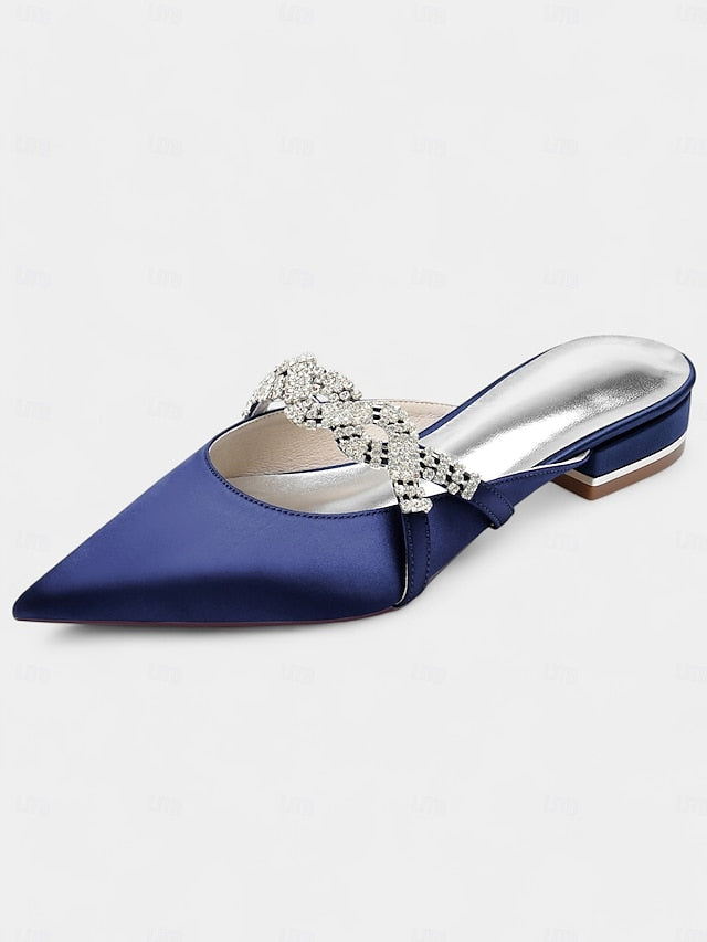 Satin - Pointed-Toe Rhinestone Detailing Blue with Heels Mule FashionChic