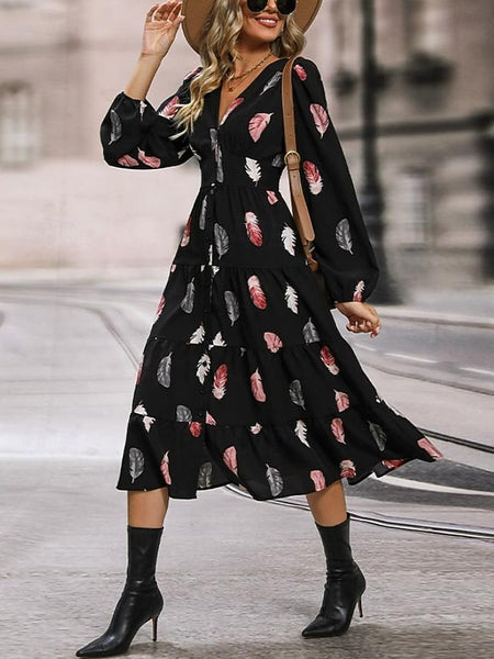 Women's Feather Print V Neck Midi Dress 3/4 Length Sleeve