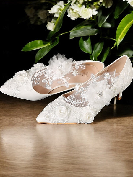 Lace White Wedding Shoes Embellishments Floral with FashionChic