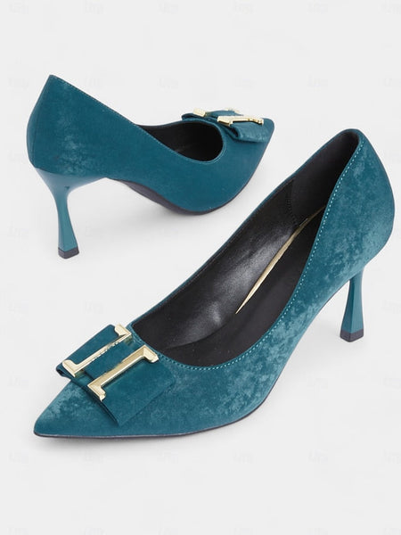 Teal Elegant Pointed - Heel Women's Pumps Toe Velvet Kitten FashionChic