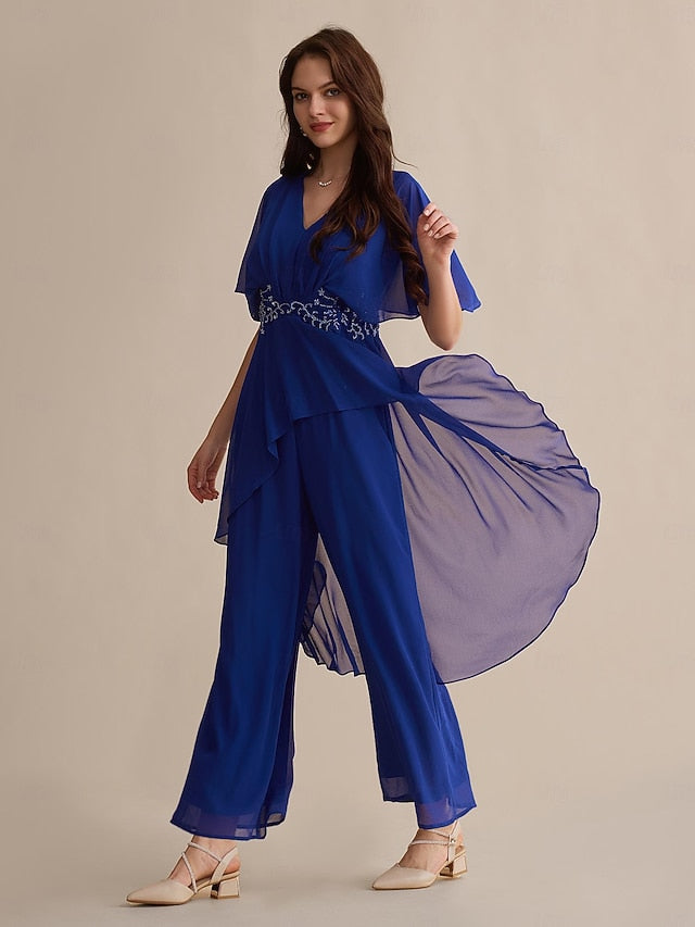 Embroidered Wedding Sequin Flare Guest Chiffon Blue Royal Cuff FashionChic