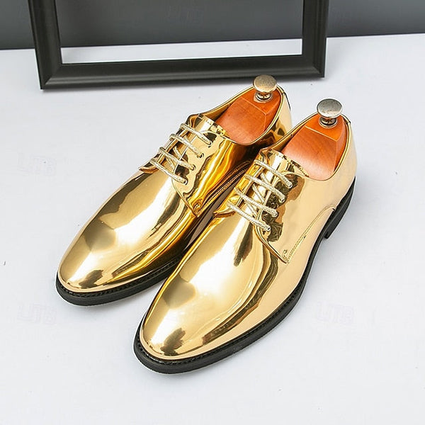 for Shiny Shoes Leather Men Sleek Gold – Patent Lace-Up FashionChic