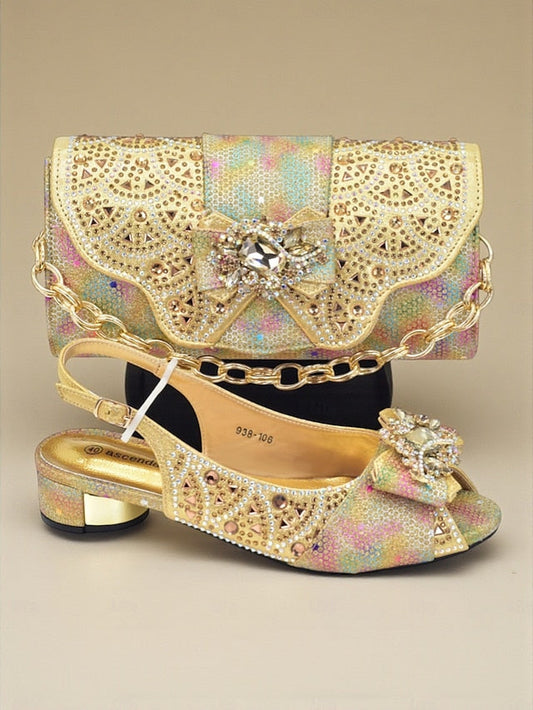 Clutch Women's Gold Matching Slingback and Heels Rhinestone FashionChic