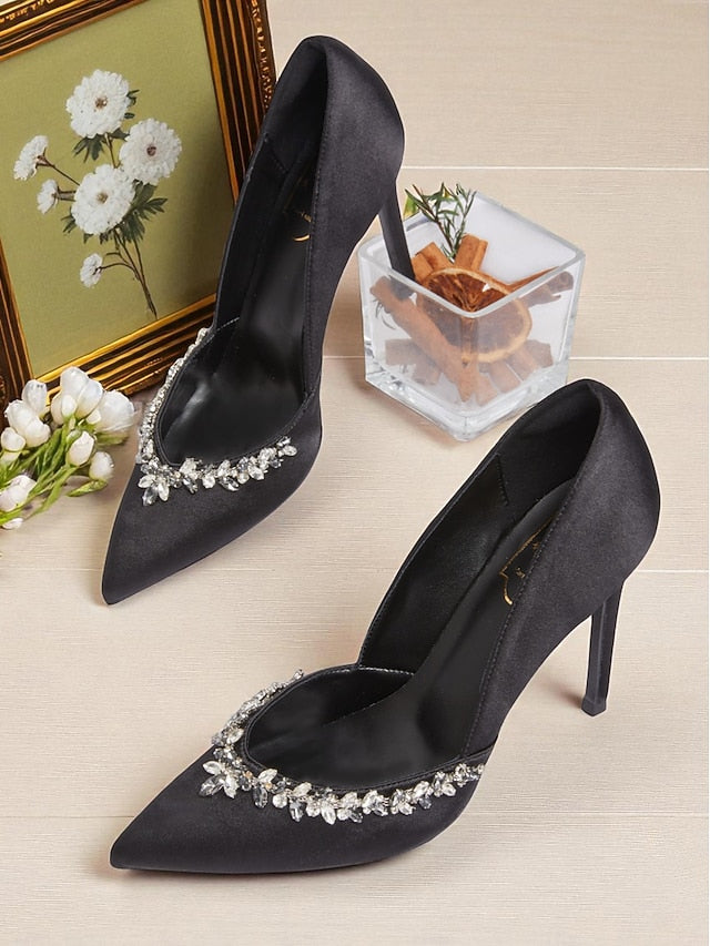 Heels Pointed Embellishment with Satin Crystal Women's Toe FashionChic