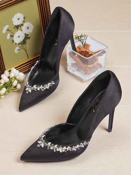 Women's Heels Crystal with Toe Embellishment Satin Pointed FashionChic