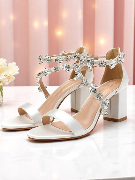 Sandals with Heel Crystal Satin Straps Pink Women's Block FashionChic