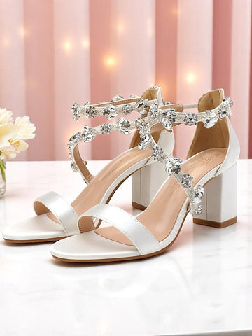 Sandals with Heel Crystal Satin Straps Pink Women's Block FashionChic