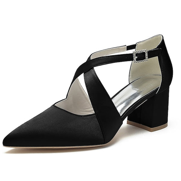 Heels White Pointed Satin Toe Block Women's – Elegant FashionChic