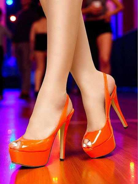 Women's Platform Stiletto PU Orange Leather Heels Patent FashionChic