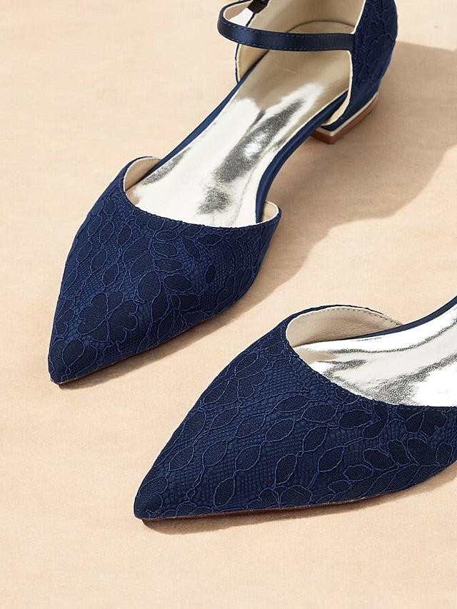 Navy Pointed and Lace Flats Strap with Blue Women's Ankle FashionChic