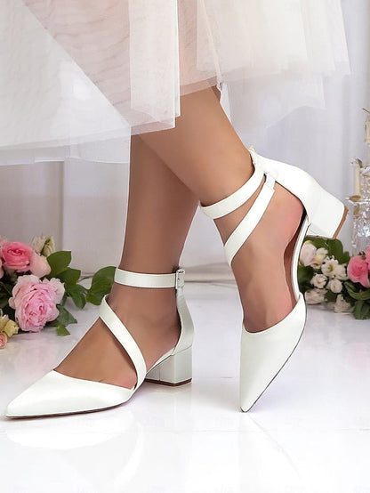 Women's Champagne Pointed Block Heels Satin Toe - FashionChic