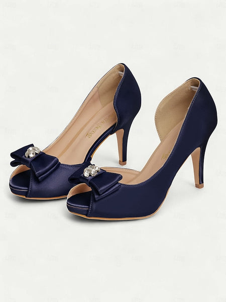 Peep Satin Heels Champagne with Toe and Women's Bow FashionChic