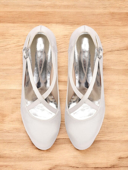 Elegant Buckle White Satin Cross-Strap Heels with – Rhinestone FashionChic