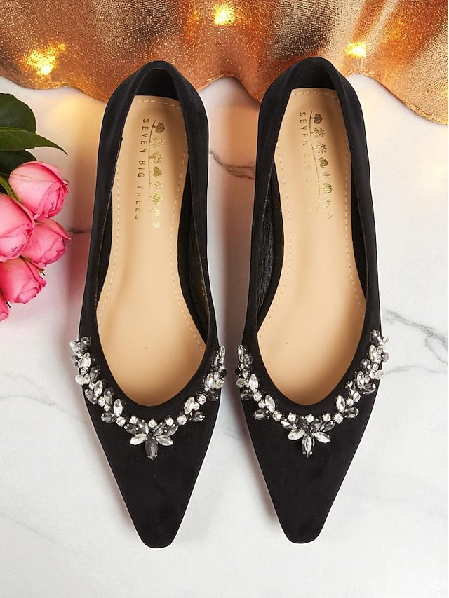 Toe Suede with Women's Flats Rhinestone Pointed Black FashionChic