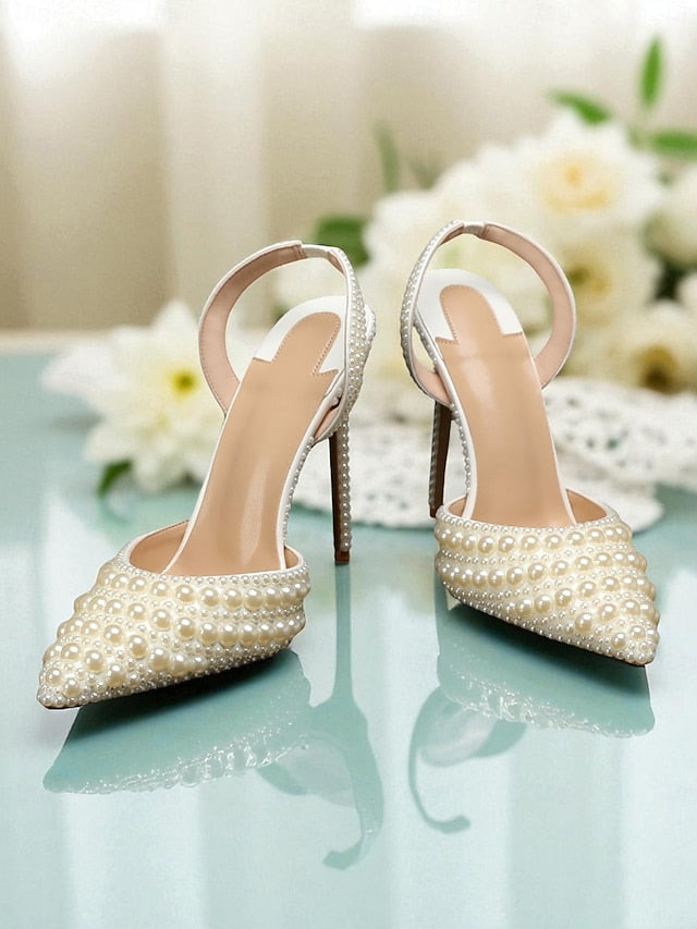 Women's Leather Pearl-Embellished - White Heels Slingback FashionChic