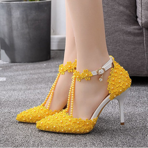 Wedding Shoes Heel Pointed High Women's Lace Bridal FashionChic