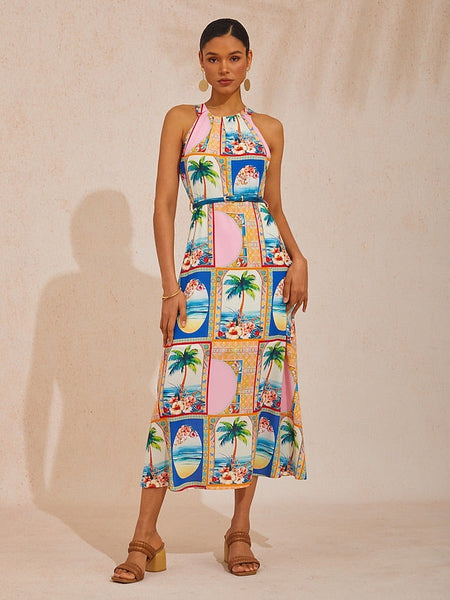 Vacation Geometric Floral Print Waist-cinching Sleeveless Satin FashionChic