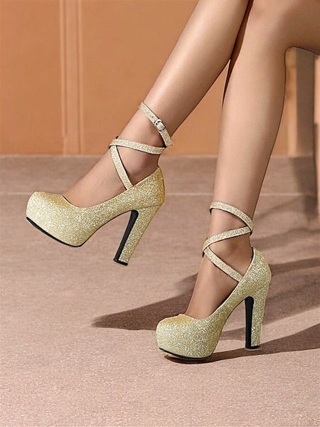 Ankle Glitter Heels Platform – Pink Women's with Strap FashionChic