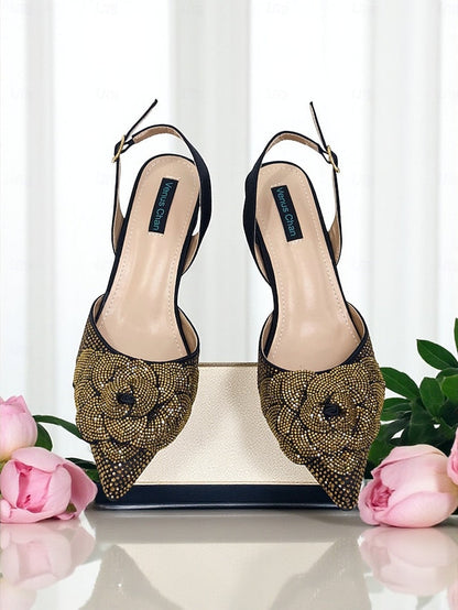 Rhinestone Women's Slingback Pumps with Matching Gold FashionChic