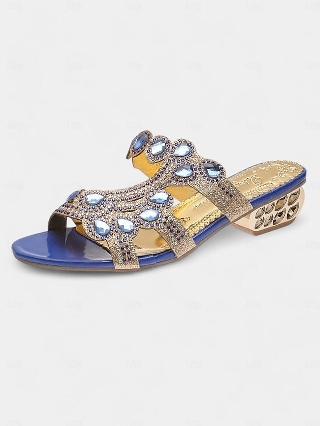 – and Crystal with Embellishments Gold Open-Toe Sandals Blue FashionChic