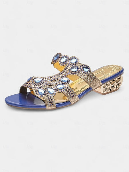 – and Crystal with Embellishments Gold Open-Toe Sandals Blue FashionChic