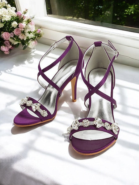 Purple Straps Satin Rhinestone Stiletto Heels with Women's FashionChic