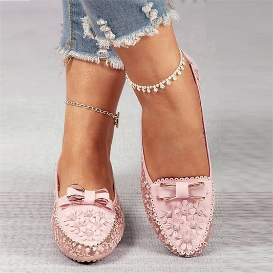 Details - Lace Flats Women's Pink and Floral with Bow FashionChic