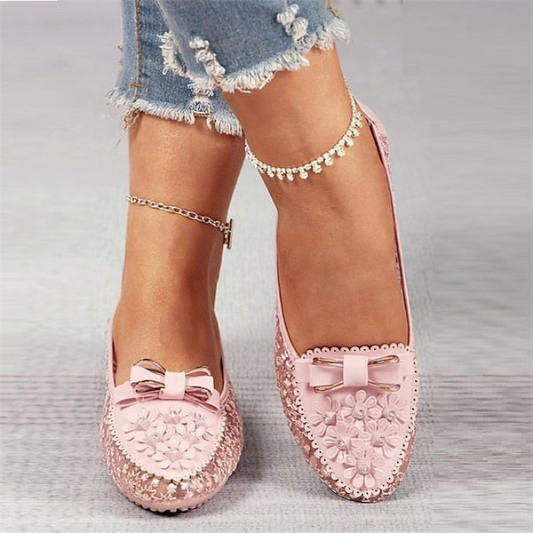 Details - Lace Flats Women's Pink and Floral with Bow FashionChic