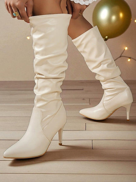 Women's Leather High Brown Pointed Knee Toe Faux Boots - FashionChic