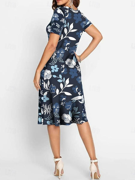Women's Elegant Party Evening Midi Dress Crew Neck Short FashionChic