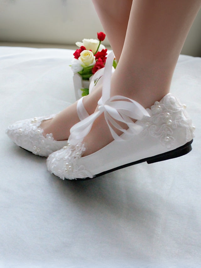with Lace Shoes Ties - Ribbon Flats Wedding Elegant Bridal White FashionChic