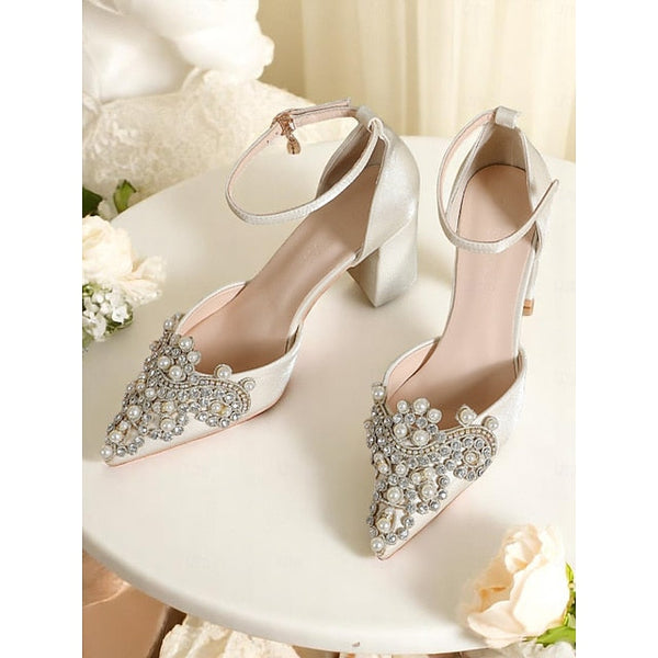 Pearl and Women's Heel Wedding Rhinestone Block Embellished FashionChic