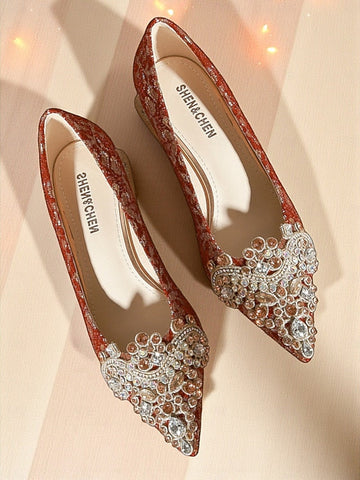 Rhinestone Embellished Pointed-Toe Red Flats Women's FashionChic