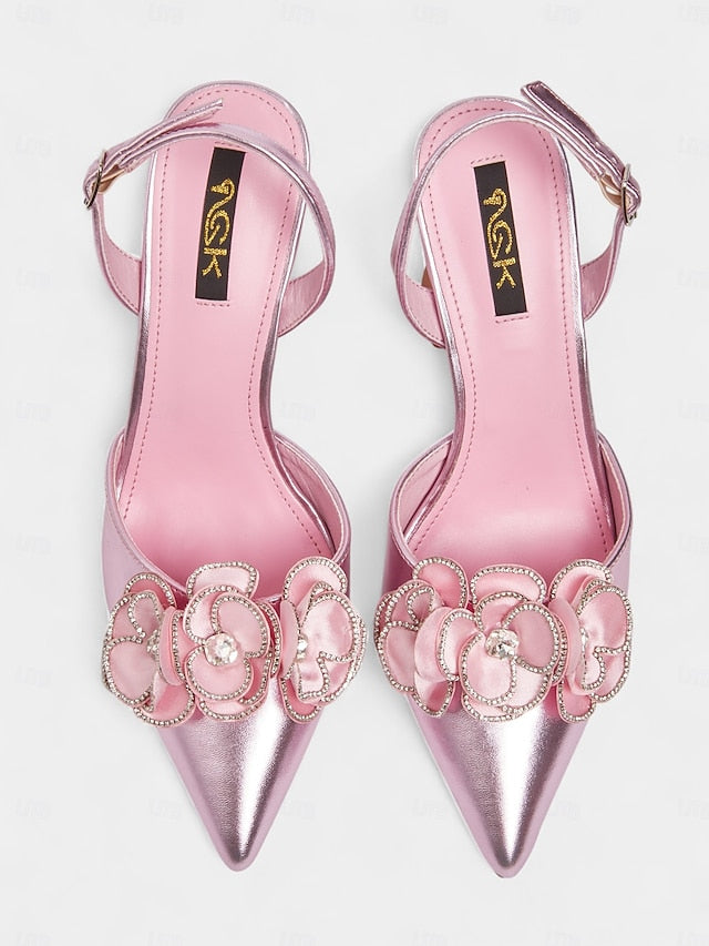 Pink Satin Pointed Floral Toe with Women's Heels FashionChic