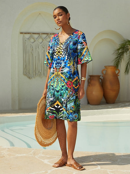 Vacation Feather Leopard Motif Straight Fit Satin Short Dress